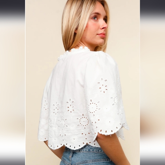 Embroidered Eyelet Tie Front Elbow Sleeve Top - Picture 4 of 4